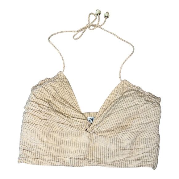 Zara Women's Beige‎ Striped Halter Neck Cropped Tank Top Size Medium - Picture 1 of 4